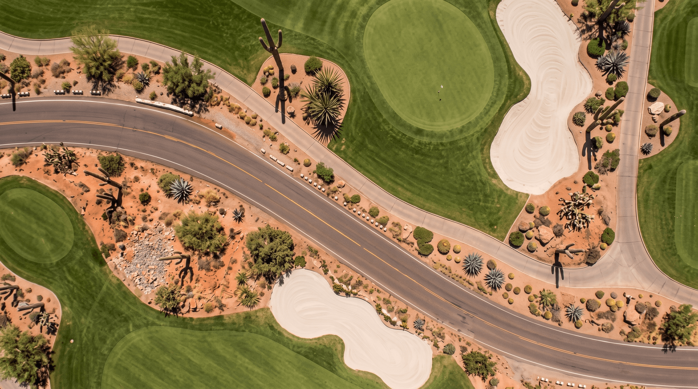 Aerial view of an Arizona golf course and landscaped desert road