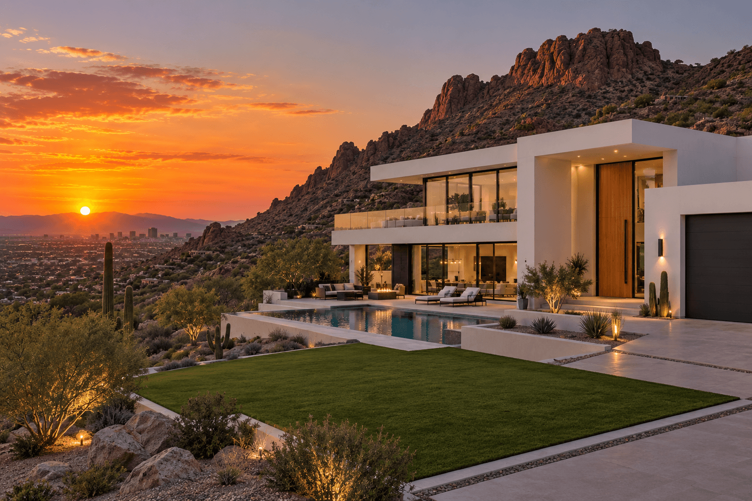 Modern white Arizona home overlooking Phoenix at sunset